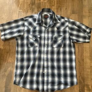 Western plaid pearl snap short sleeve shirt collared pockets country workwear L